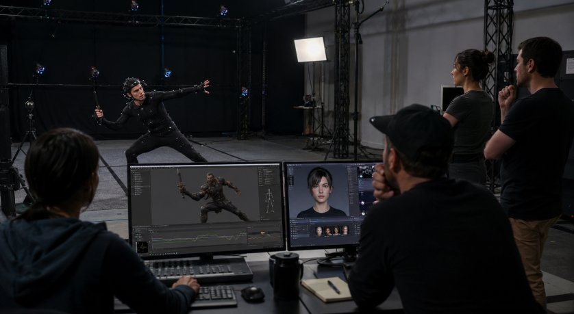 Actor in a motion capture studio with team reviewing animation