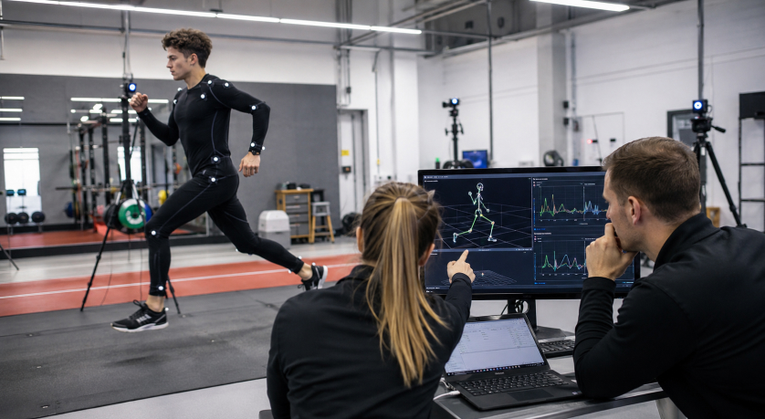 Athlete running in a motion capture lab for analysis