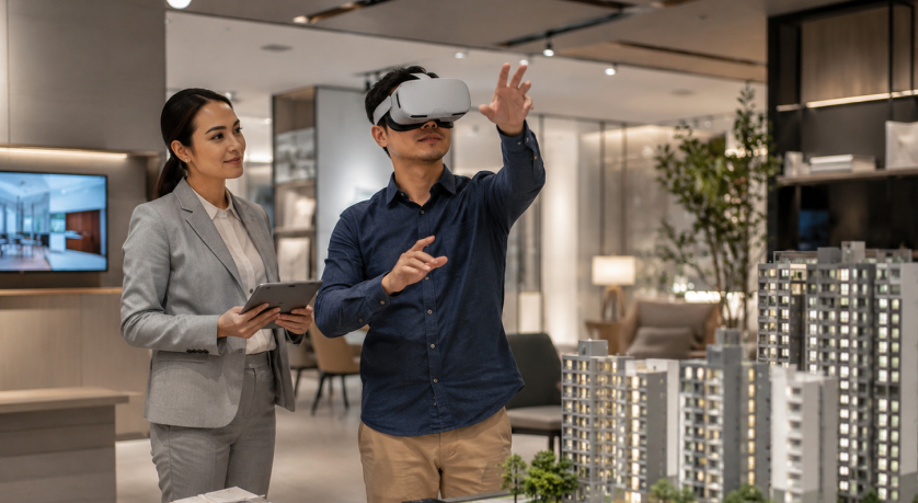 Buyer using VR to explore a residential project inside a real estate experience centre