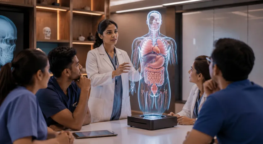 Healthcare training session using a holographic human anatomy model