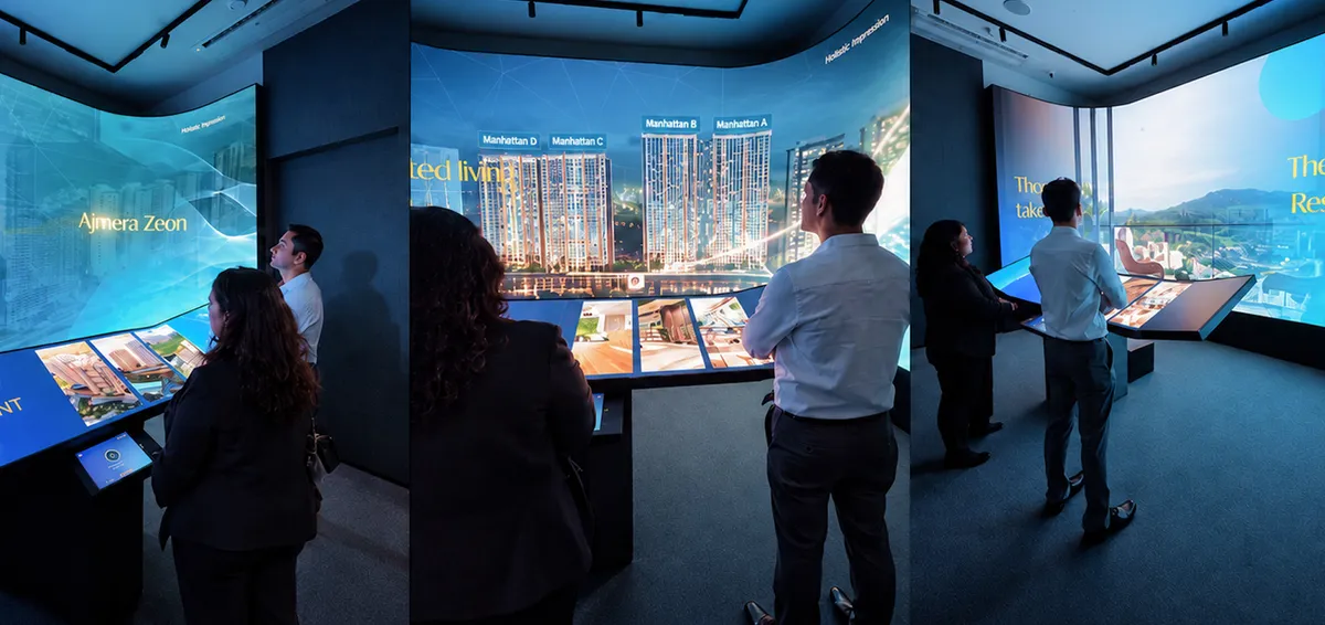Immersive LED walls with interactive touchscreen tables for real-time property exploration