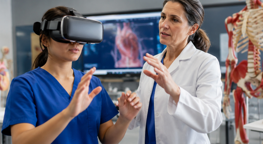 Medical trainee using VR for anatomy learning with guidance from a healthcare professional