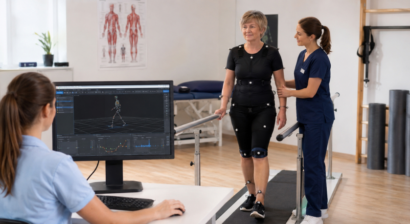 Patient walking with markers during rehab assessment