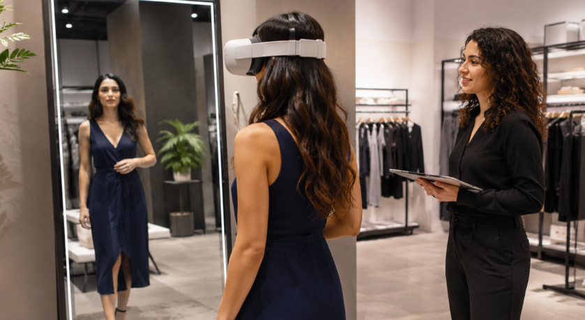 Woman exploring a virtual fitting experience in a modern fashion retail store